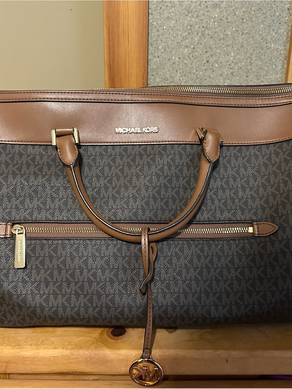 Michael Kors Brown MK Monogram Duffel with Tan Trim